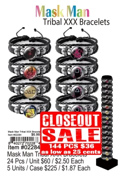 Mask Man Tribal XXX Bracelets - Closeout 144 Pcs.